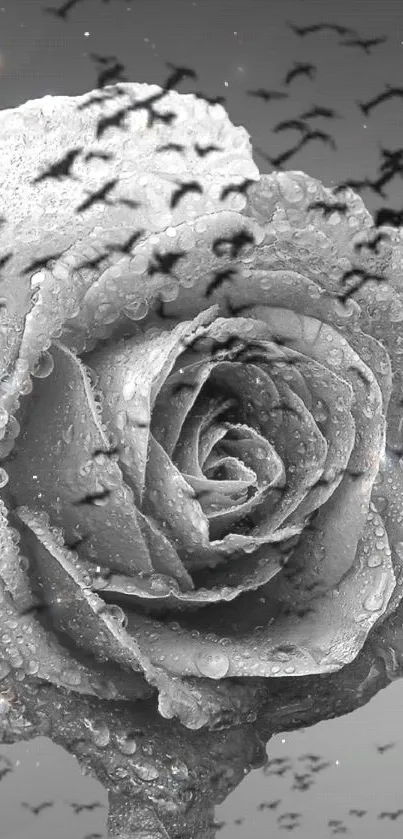 Monochrome rose with dewdrops and birds in the background.