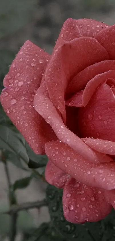 Close-up of a pink rose with dewdrops on petals.