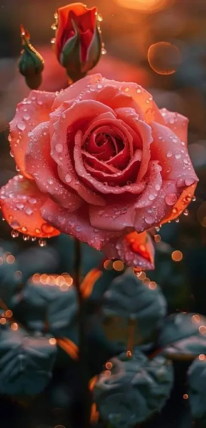 Elegant rose with dewdrops in vibrant colors, perfect for mobile wallpaper.