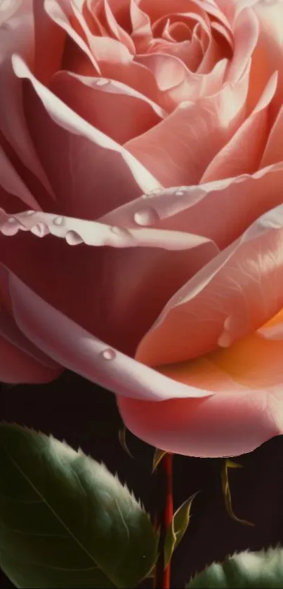 Graceful pink rose with water droplets and vibrant green leaves.