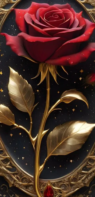 Red rose with golden leaves and ornate frame design.