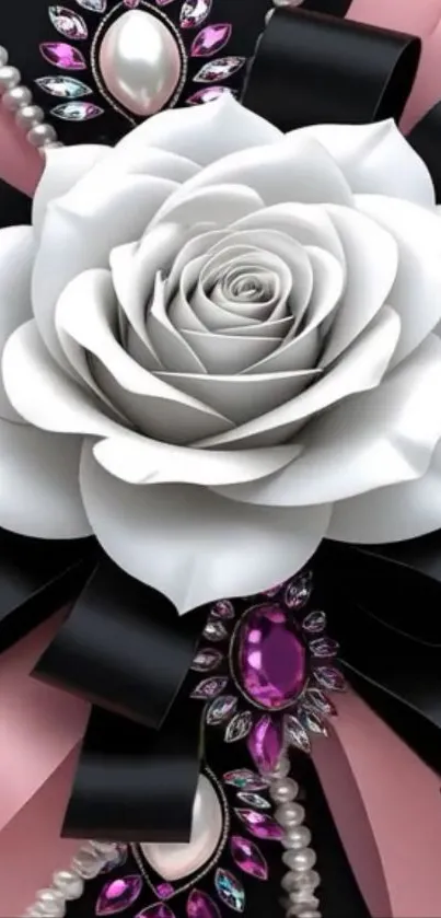 Elegant white rose with jewels on black ribbons in mobile wallpaper.