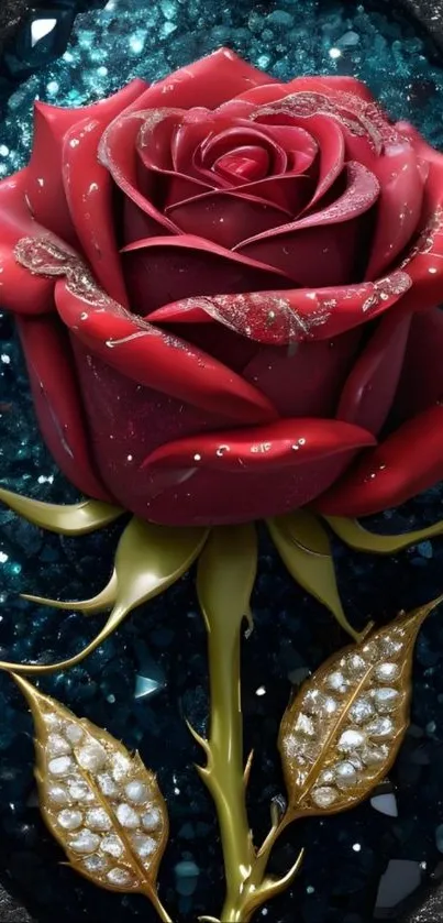 Realistic red rose on gemstone background with jewels.