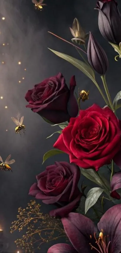 Dark roses and bees design wallpaper art