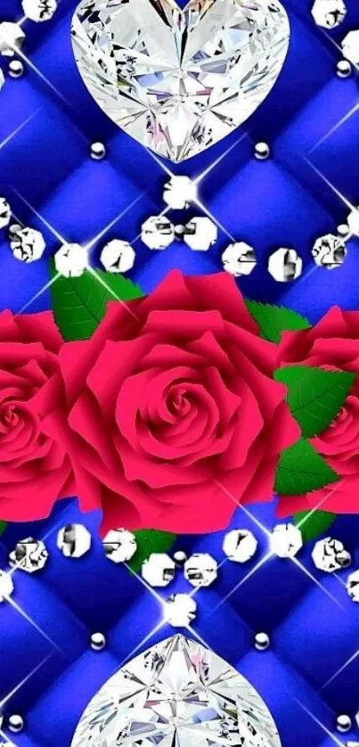 Elegant wallpaper with red roses and blue diamond background.