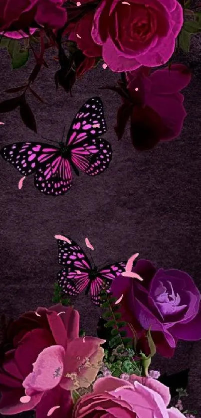 Pink roses and butterflies on dark background.