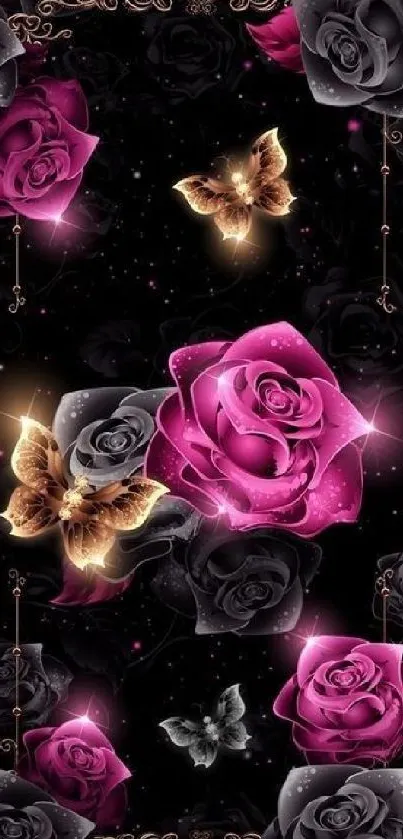 Black wallpaper with roses and butterflies, glowing elegantly.