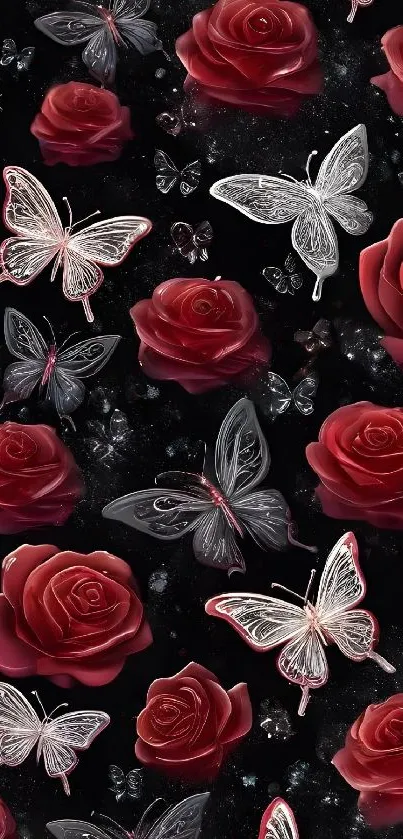 Elegant wallpaper with red roses and butterflies on a black background.