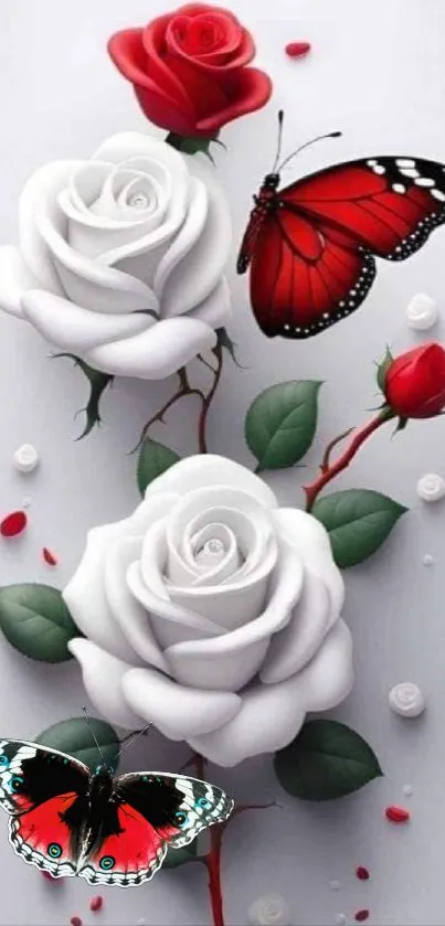 Mobile wallpaper with white roses and red butterflies.