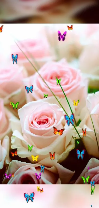 Elegant wallpaper with pink roses and colorful butterflies.