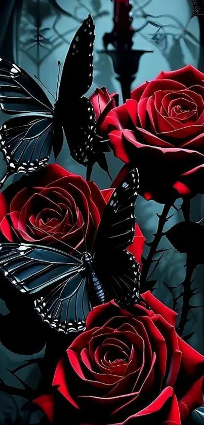 Red roses and black butterflies in an elegant artistic wallpaper.