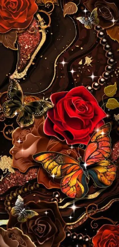 Elegant dark wallpaper with roses and butterflies.