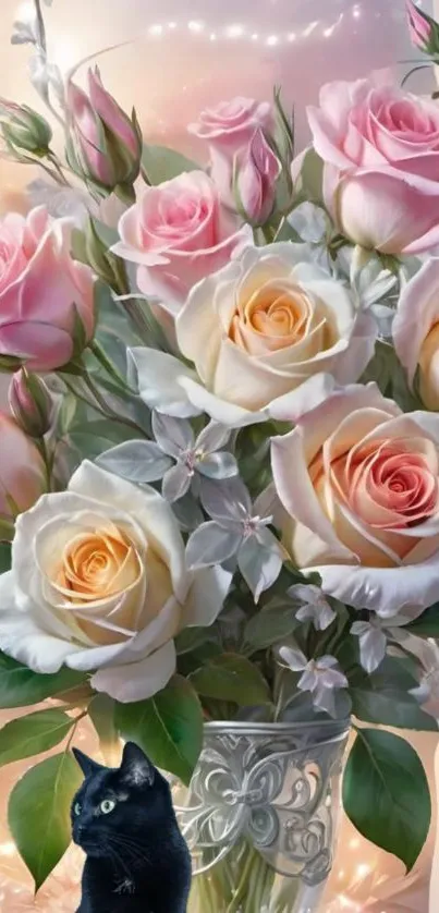 Bouquet of pastel roses with black cat in elegant setting.