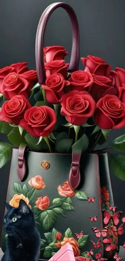 Elegant handbag with roses and a black cat.