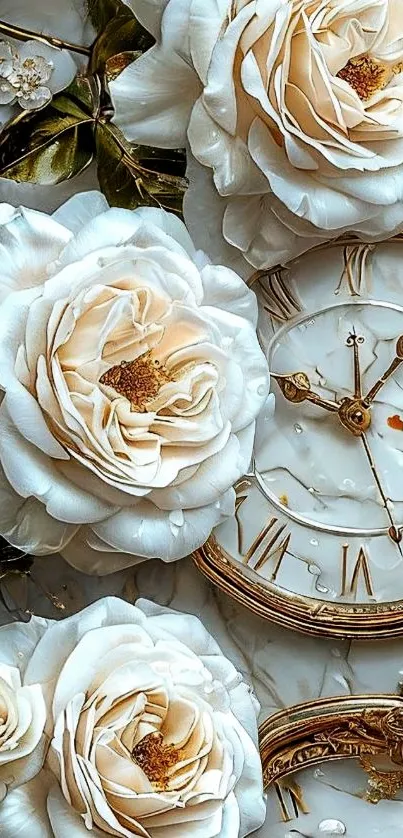 Elegant white roses with a classic clock design wallpaper.