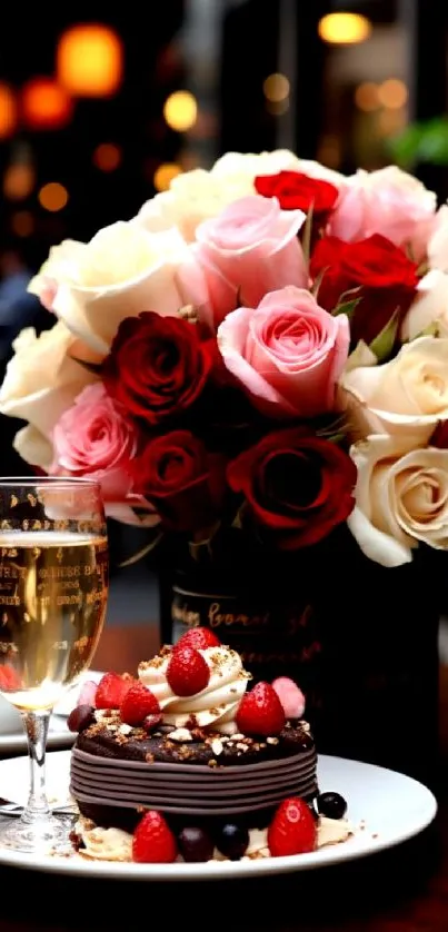 Elegant roses and dessert with soft lighting.
