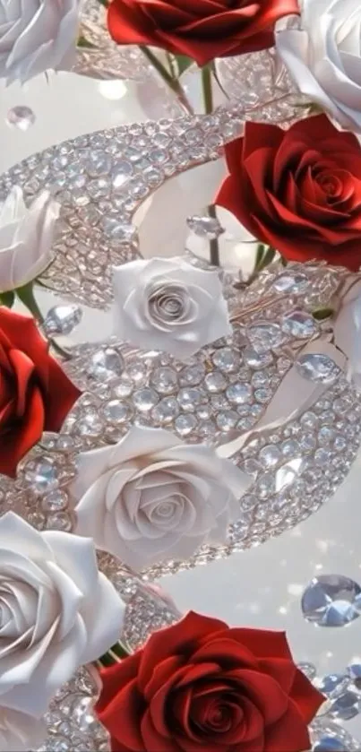 Red and white roses with diamonds wallpaper