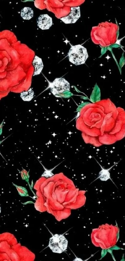 Red roses and diamonds on a black background wallpaper.