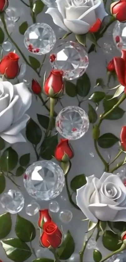 Red and white roses with sparkling gems, lush leaves wallpaper.