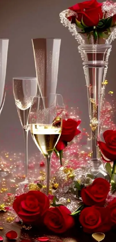 Elegant wallpaper with red roses and glasses, perfect for romantic decor.