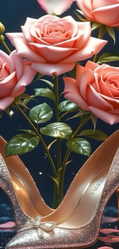 Glittering high heels with pink roses wallpaper.