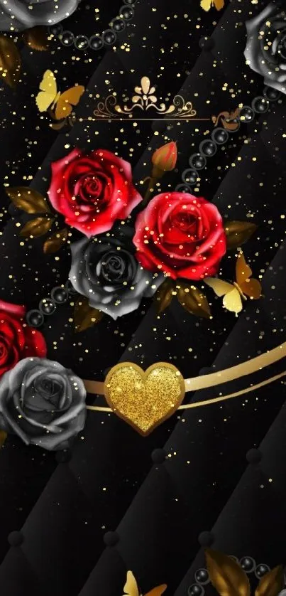 Elegant wallpaper with roses and gold heart.