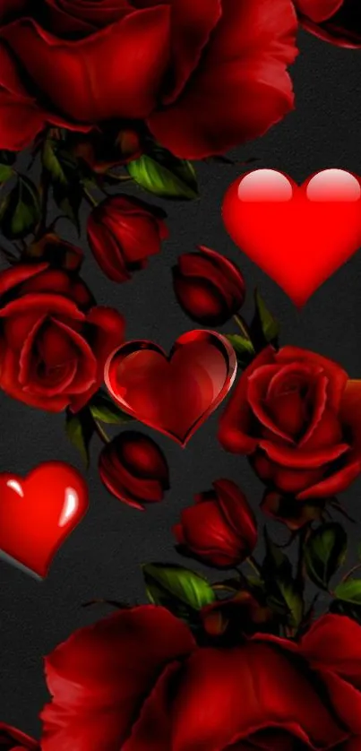 Mobile wallpaper with elegant red roses and hearts on a dark background.