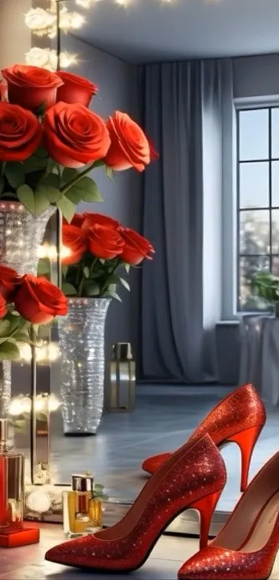Elegant room with red roses and sparkling high heels.