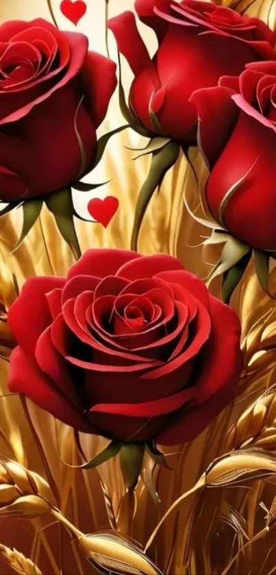 Red roses with golden wheat mobile wallpaper.