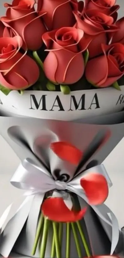 Bouquet of red roses wrapped in silver paper with floral decor.