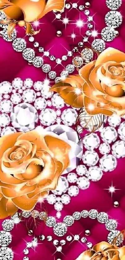 Golden roses and diamond hearts on a maroon background mobile wallpaper.