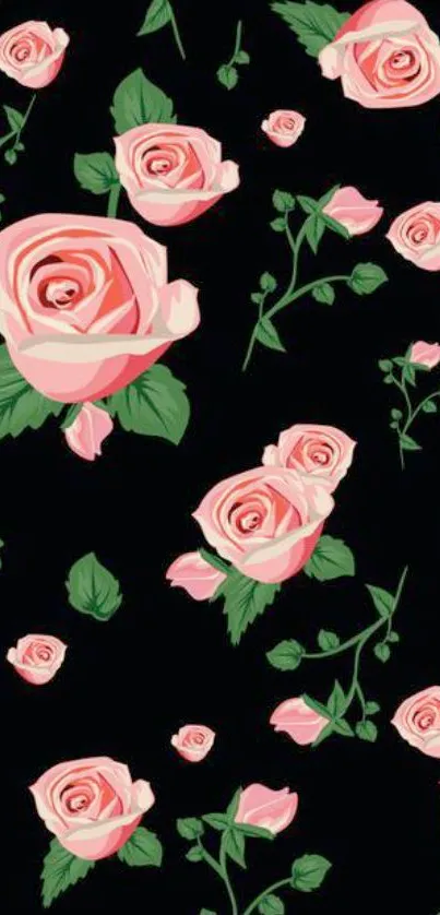 Mobile wallpaper of elegant pink roses on a black background.