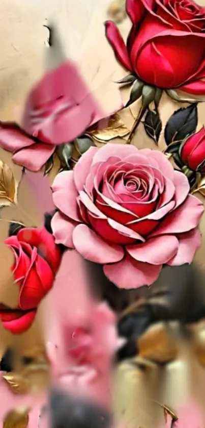 A wallpaper featuring vivid red and pink roses with gold accents.