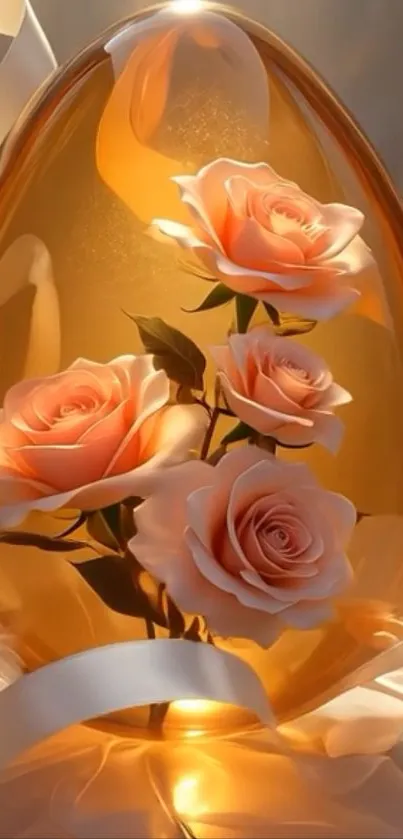 Pink roses encased in glowing amber light.