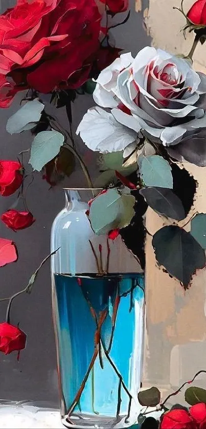 Elegant roses in a blue vase with red and white flowers.