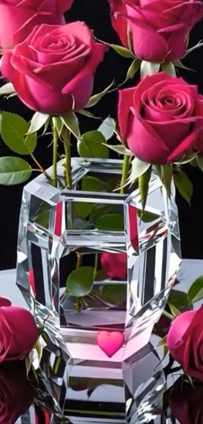 Vibrant pink roses in a crystal vase on a reflective surface.