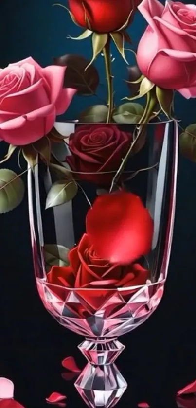 Elegant pink and red roses in a crystal vase on a dark background.