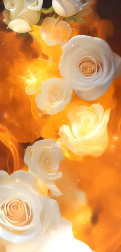 White roses amidst a fiery orange glow, creating a captivating visual experience.