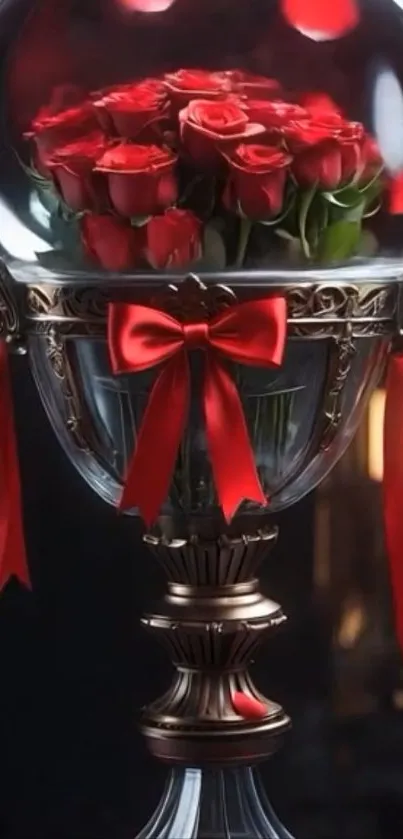Elegant display of roses in a glass vase with red ribbons.