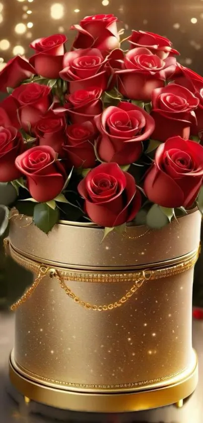 Luxurious golden vase filled with red roses.