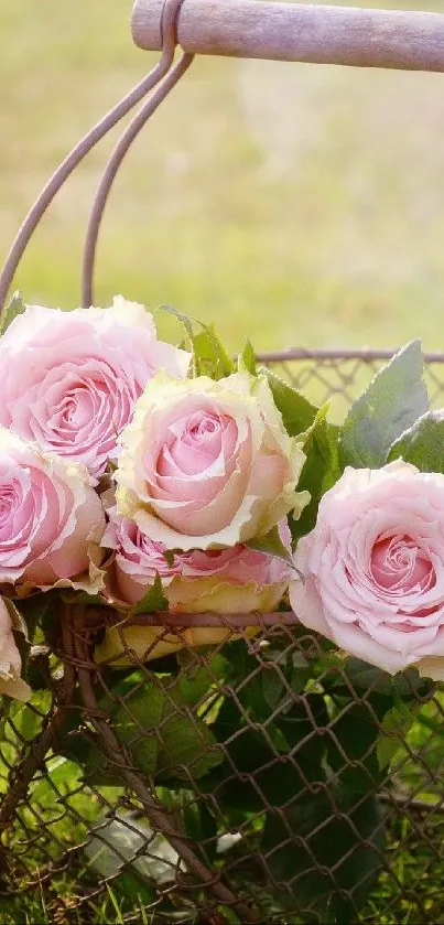 Mobile wallpaper of pink roses in a rustic basket on green grass.