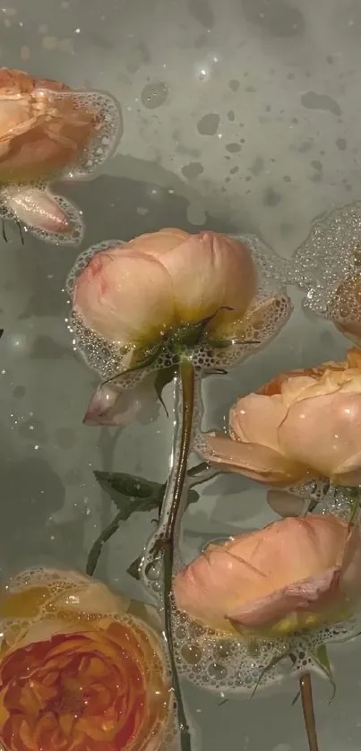 Soft peach roses with bubbles in gentle light.