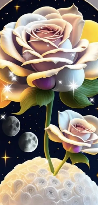 Elegant white roses with celestial background.