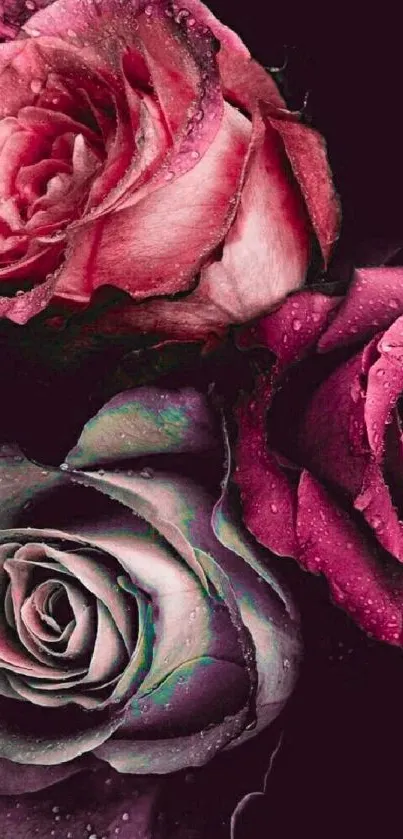 Elegant mobile wallpaper with pink and black roses, dewy and stylish.