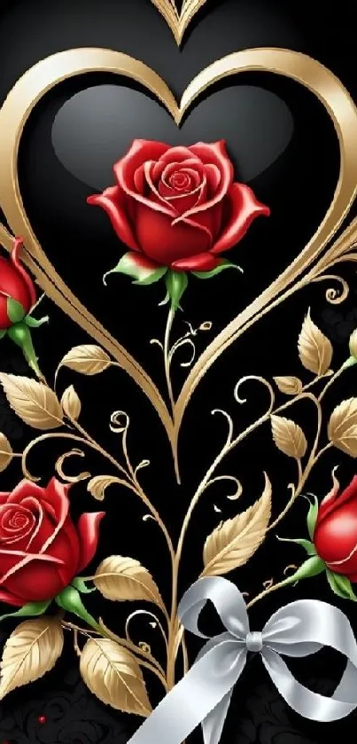 Wallpaper with red roses and elegant gold designs on a black background.