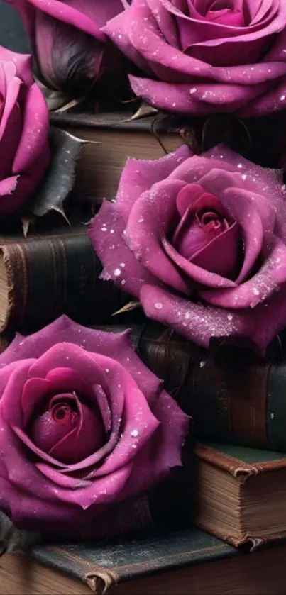 Pink roses arranged on vintage books for mobile wallpaper.