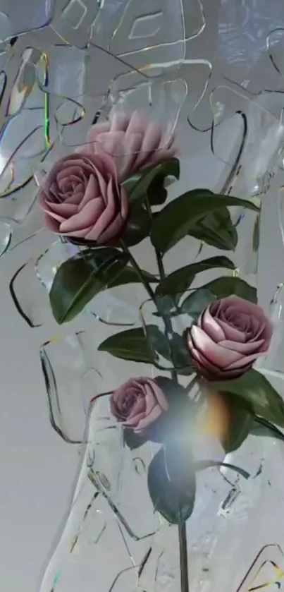 Blooming pink roses in a clear vase on a sleek wallpaper