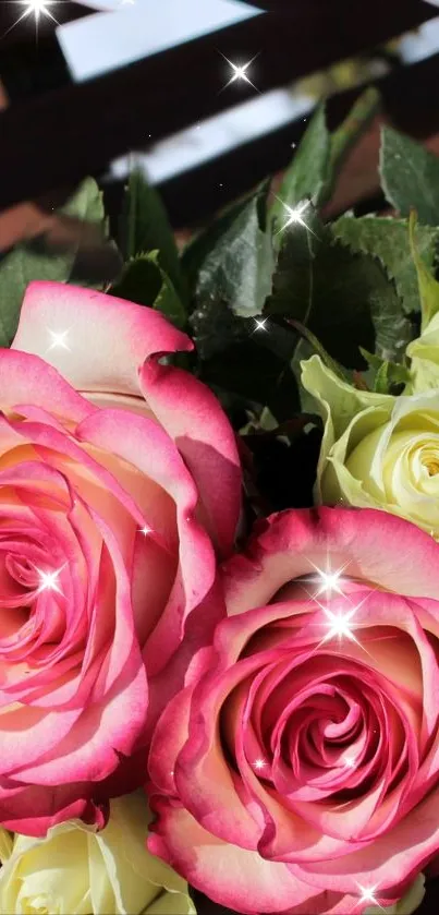 Pink and white roses on a wooden bench, capturing nature's elegance.