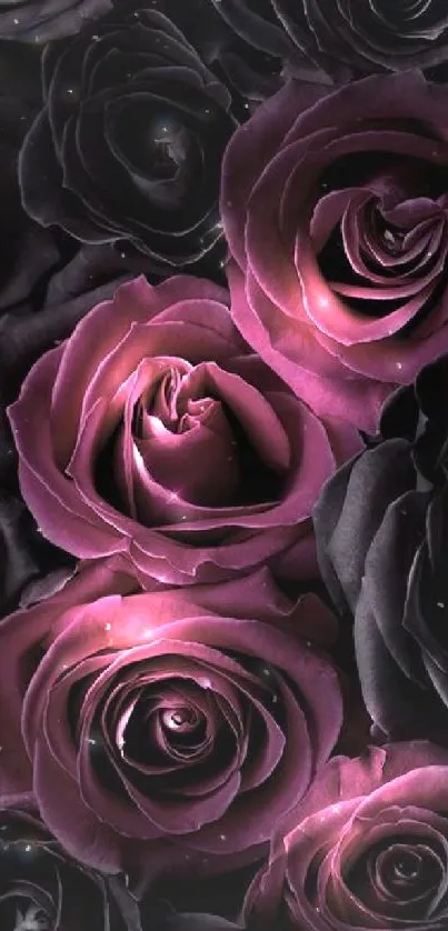 Elegant dark floral wallpaper with purple roses.