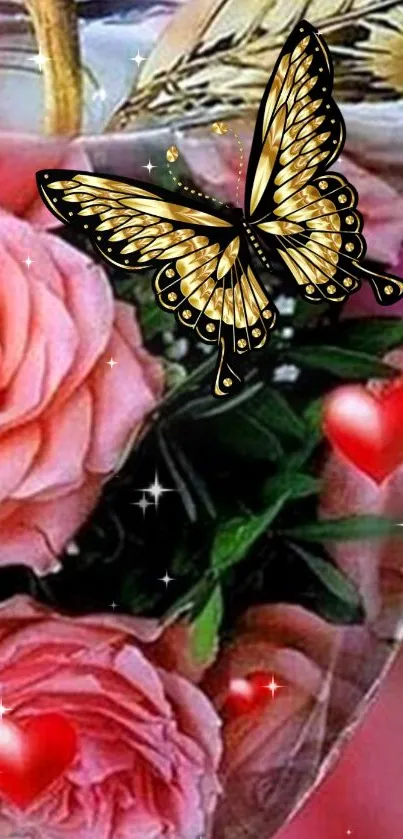 Elegant wallpaper with pink roses and a golden butterfly.